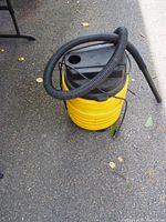 Yellow 5 gallon Genie wet-dry vacuum with black top and attached black hose coiled on unit outdoors on concrete.