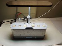 Full unit photo showing the AeroGarden Harvest Elite with six planting pods and adjustable light turned on