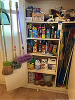 Shelf with various cleaning chemical bottles, sprays, brooms, and dusters visible