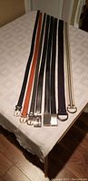 Overview of all 8 belts laid out on table showing full length and colors