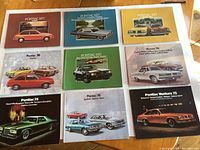 Nine Pontiac sales brochures arranged in three rows showing model years 1975, 1976, and 1977, with various models depicted on the covers.