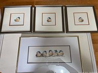 Full set of four framed bird art prints by Valerie Pfeifer arranged on wood floor to show all pieces.