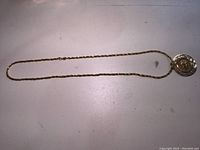 Full view of the gold-tone necklace with the round cobra emblem pendant on a white surface.