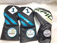 Three Callaway golf driver headcovers showing front designs - two with #1 and Professional Staff logo, one with EPIC Flash and Master Staff logos.