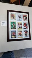 Framed display of nine Chicago Blackhawks hockey cards in top loaders under glass.