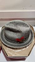 Grey felt Stetson Canadian Panda hat with braided band and feathers, size 7 1/8, shown from top angle on protective paper inside the hat box.