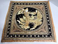 Full view of the square vintage Asian Hindu tapestry with detailed needlework and embellishments.