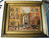 Front view of the framed oil painting showing a street scene in Naples with people and buildings.