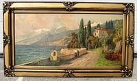 Front view of the framed Sicilian coastal print, showing full artwork and detailed decorative gold-toned wood frame.