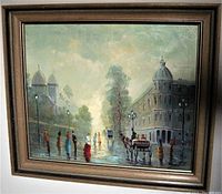 Framed oil painting showing Parisian cityscape at dusk or rainy weather, with horse-drawn carriages, figures in colorful attire, and Paris architecture.