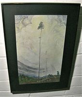 Framed print of Emily Carr's artwork "Scorned As Timber Beloved Of The Sky" showing tall trees against a cloudy sky in muted colors inside a black frame with black mat.