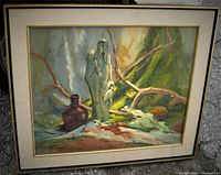 Frontal view of framed mid-century modern oil painting on canvas featuring a ceramic jug and sculptural figure with a textured, colorful backdrop.