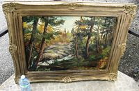 Front view of the framed Muskoka landscape oil painting showing full frame and signature.