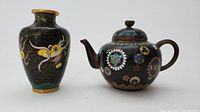 Miniature cloisonne vase and teapot shown side-by-side on white background.