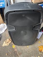 Front view of the black portable speaker showing the perforated metal grille covering the 12-inch woofer and horn speaker.
