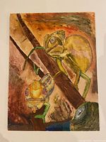 Image showing the full acrylic painting with two chameleons on a branch, unframed, in warm earth tones.