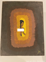 Front view of the unframed acrylic painting showing the central nude female figure with concentric layered color background