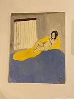 Acrylic painting of a reclining nude woman on a colored abstract background, signed by the artist.