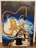Photo of an unframed acrylic painting signed by the artist, showing a surreal sea battle scene with a giant orange squid and two figures on a dock or ship.