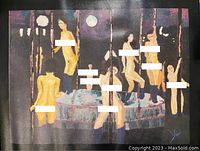Full view of unframed canvas print depicting nude female figures in a night scene with vertical poles and a full moon, signed by artist.