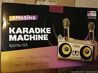 Front of box showing model, brand, gold wireless microphones, and cat-face speaker design.