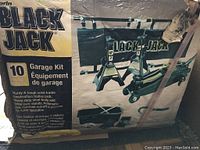 Packaging box showing BLACK JACK 10 Pc Garage Kit with equipment images and specifications