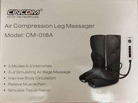 Photograph of front packaging showing product name, model CM-018A and features including 2 modes, 3 intensities, 2+2 air bags massage, circulation improvement, muscle pain relief, and tissue repair simulation.