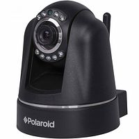 Black Polaroid wireless indoor IP camera with lens and infrared LEDs visible, showing front and slight side profile with antenna attached.