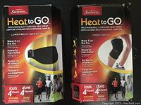 Photo of Sunbeam Heat to Go Lower Back Wrap and Knee Wrap packaging showing product names and usage information.