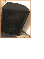 Front view of the Yorkville YX12 speaker showing black carpet covering and metal grille.