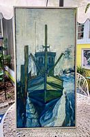 Frontal view of the original oil painting showing the moored greenish-blue boat with visible signature, captured outdoors against a garden background.