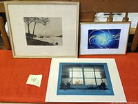 Photo showing the three art pieces framed and arranged on an orange surface for sale.