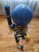 Photo of all exercise equipment including the blue exercise ball, yoga mat, dumbbells, weighted balls, stopwatch, and manual arranged on wooden floor.