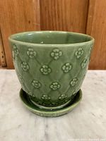 View of the green ceramic planter showing exterior raised floral pattern and matching saucer beneath.