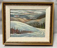 Frontal image of the framed oil painting showing the snowy mountain slope with ski lift chairs and fencing under a cloudy sky.