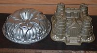 Floral patterned bundt pan and castle-shaped bundt pan front view showing detailed design and shape