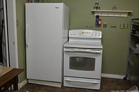 Upright white freezer next to white electric stove in kitchen setting, showing overall size and form.