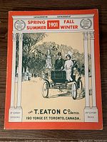 Full front cover of the 1901 Eaton's catalogue with vintage illustration and text for Spring/Summer and Fall/Winter editions.
