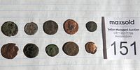 Photo showing 10 ancient Roman coins arranged in two rows on a white background with auction tag 151.