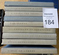 Stack of 7 Yale Shakespeare volumes showing spines with titles such as Richard the Third, Coriolanus, Titus Andronicus, Timon of Athens, and 2 volumes labeled Shakespeare of Stratford.