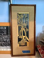 Framed small art etching measuring 18 x 9 placed upright, showing full artwork with wooden frame and textured mat.