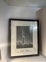 Framed black and white photographic print of a desert cactus scene by Ansel Adams, The Mural Project 1941-1942, with cracked glass