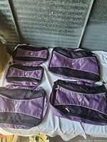 Group photo showing five purple Heys travel packing cubes with black mesh sections, varying in size, laid out on a surface.