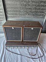Two wooden speakers and Lloyds AM/FM stereo radio unit shown together on a white surface with a corrugated metal background.