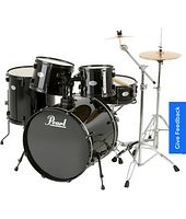 Stock photo of assembled Pearl Soundcheck drum set with bass drum, toms, snare, cymbals and hardware