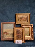 Four oil paintings arranged together showing different wood frames and landscape scenes