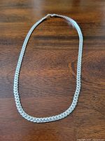 Full view of the silver flat snake chain necklace, showing overall length and design.