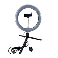 Front view of one 10-inch ring light on tripod with phone holder and wired remote control in front.