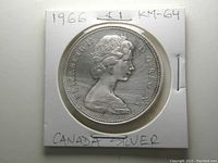 Obverse side of the 1966 Canadian silver dollar coin showing Queen Elizabeth II profile.