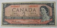 Front of the 1954 Canadian $2 bill showing Queen Elizabeth II portrait, serial numbers, and denomination details.